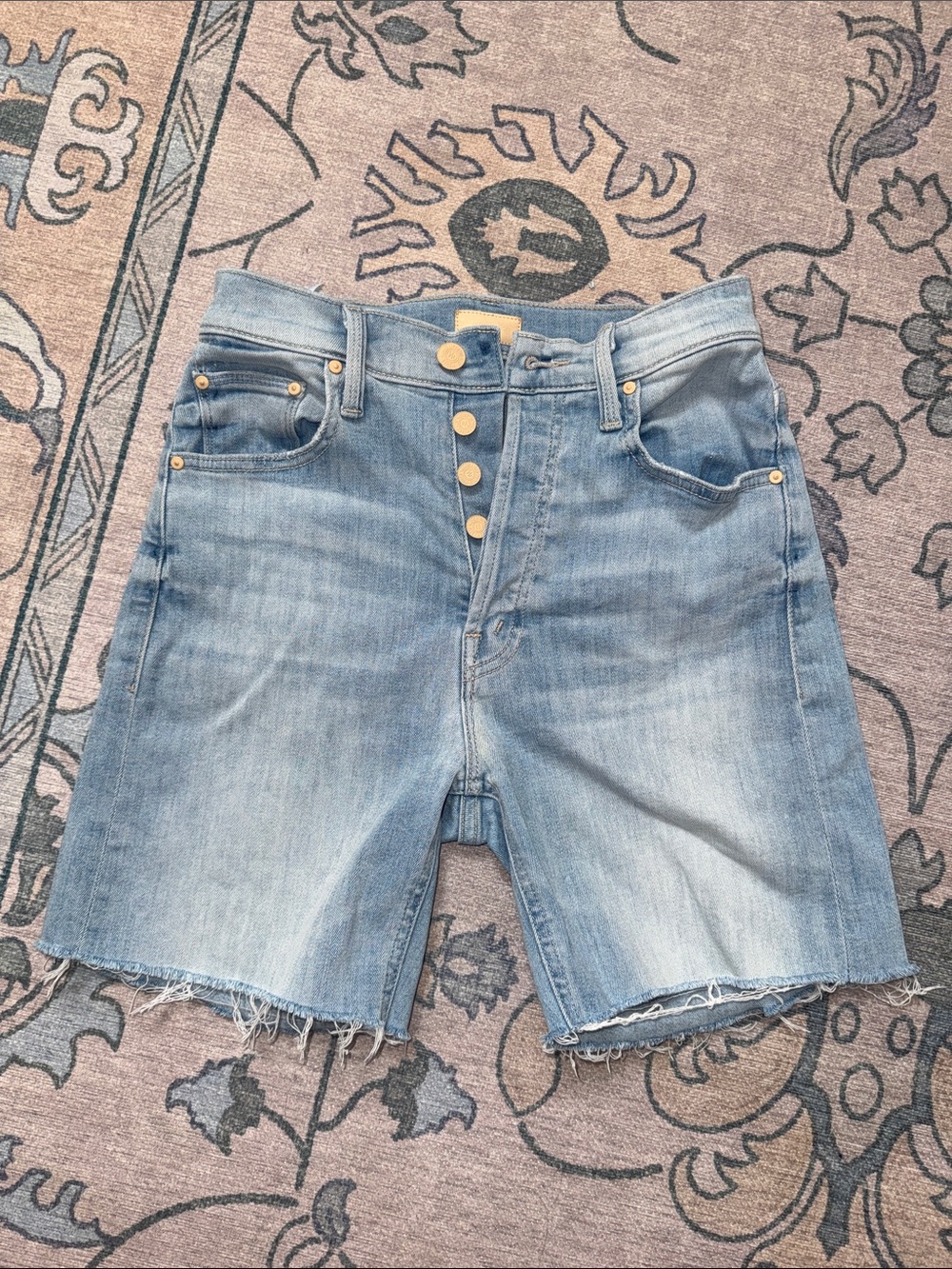 MOTHER The Tripper Ankle Fray Color Island Time Button-Fly Denim Jean Shorts